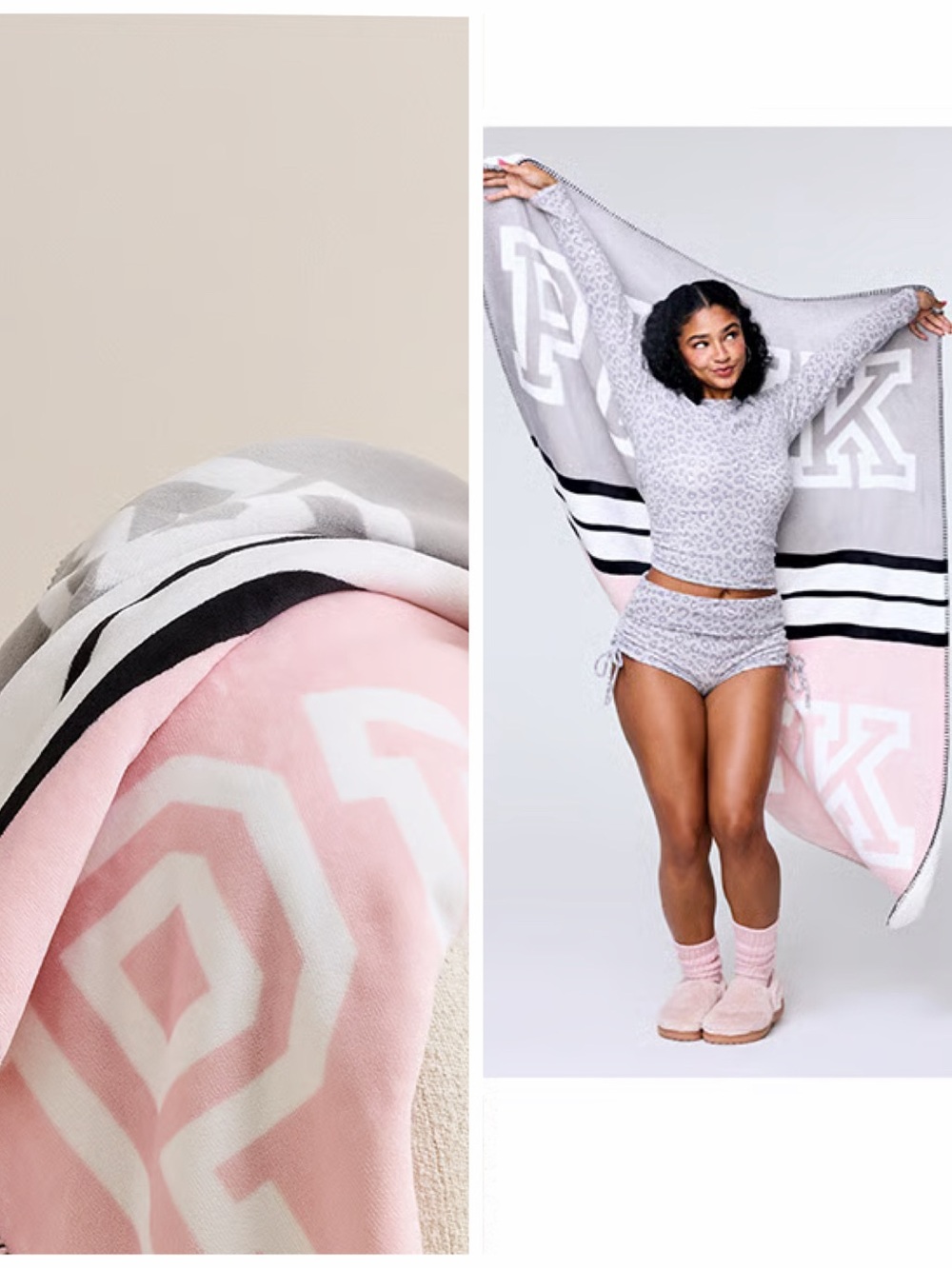 PINK Victoria's Secret Pink & Gray Sherpa Logo Throw Blanket